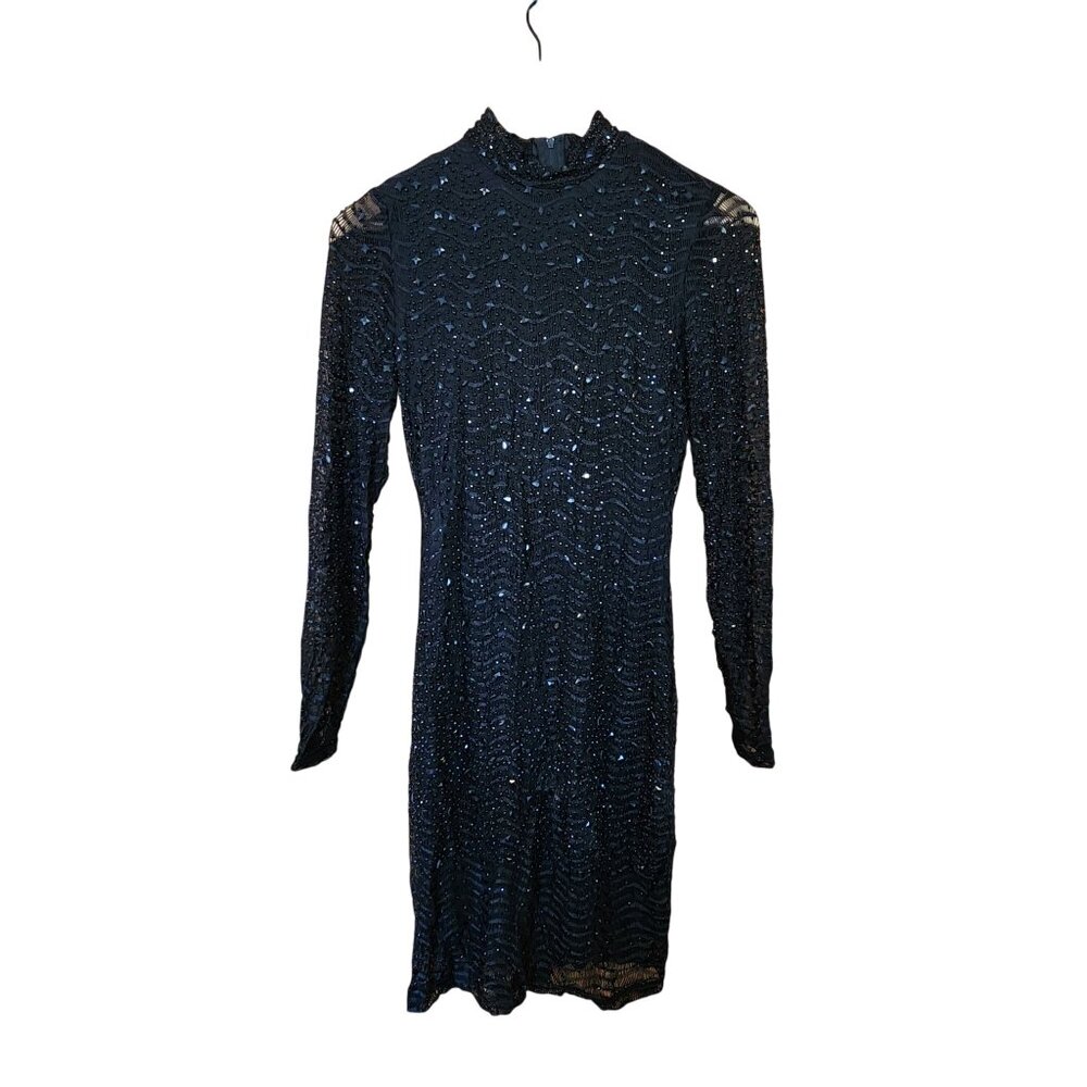 Windsor Vintage-Style Black Sequin Dress With High Neck & Long Sleeves size S